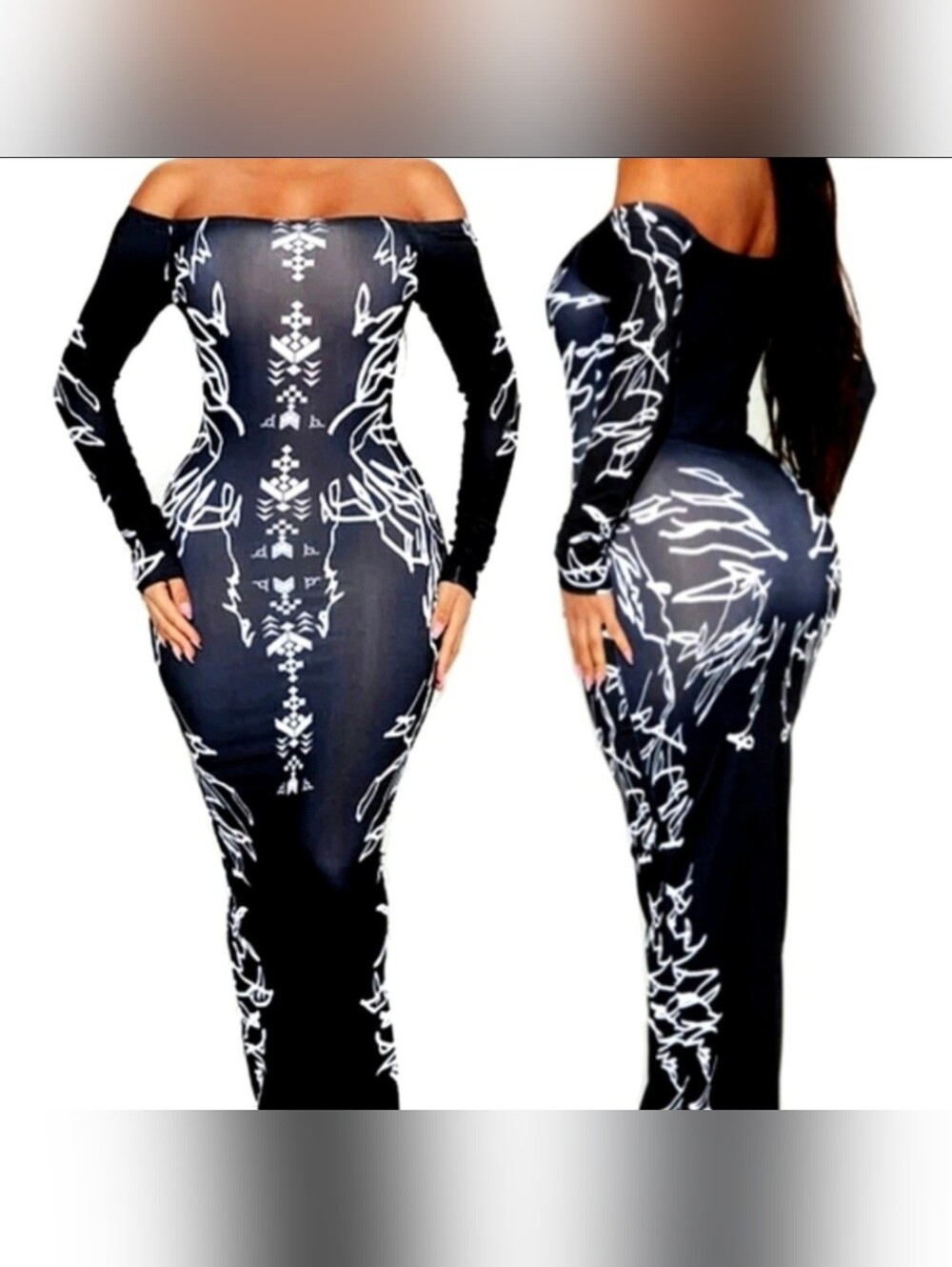 Fashion Nova make your mark blk white tribal design bodycon maxi dress 1X NWT